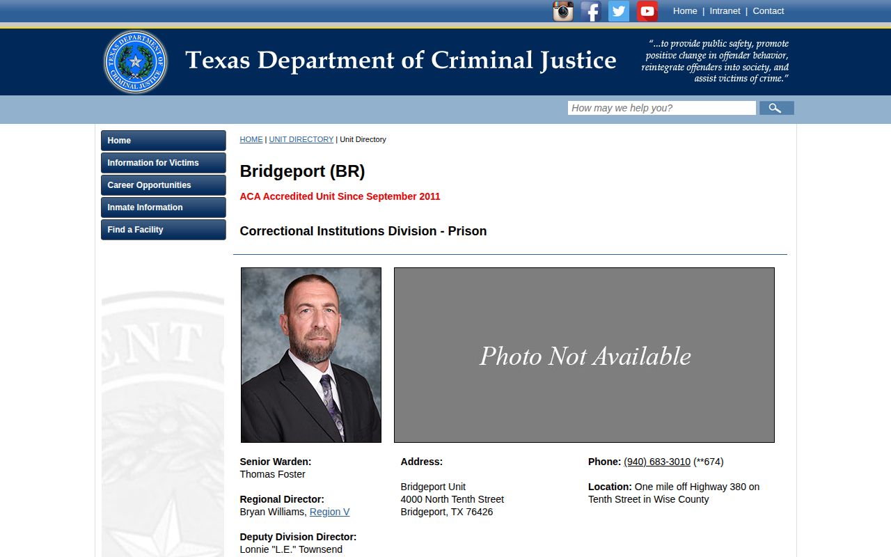 Official Bridgeport Unit state prison and release contact information
