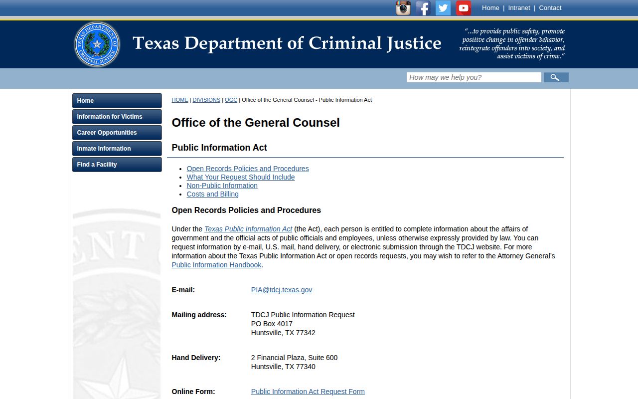 Bridgeport Unit release and discharge record request through TDCJ