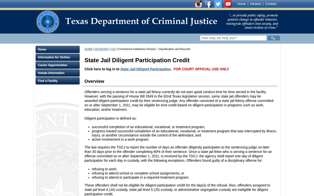 TDCJ state-jail credit information for Wise County release date calculations