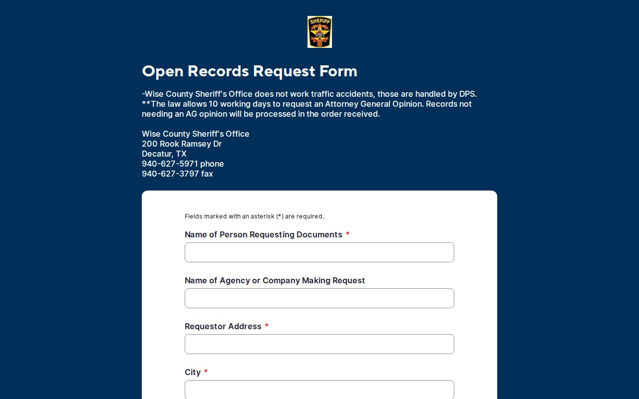 Wise County Sheriff released inmate mugshot records request form