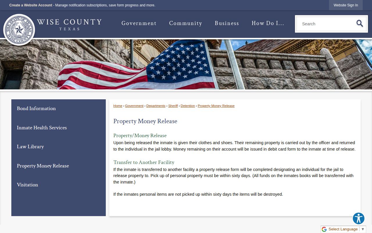 Wise County released inmate property and money instructions