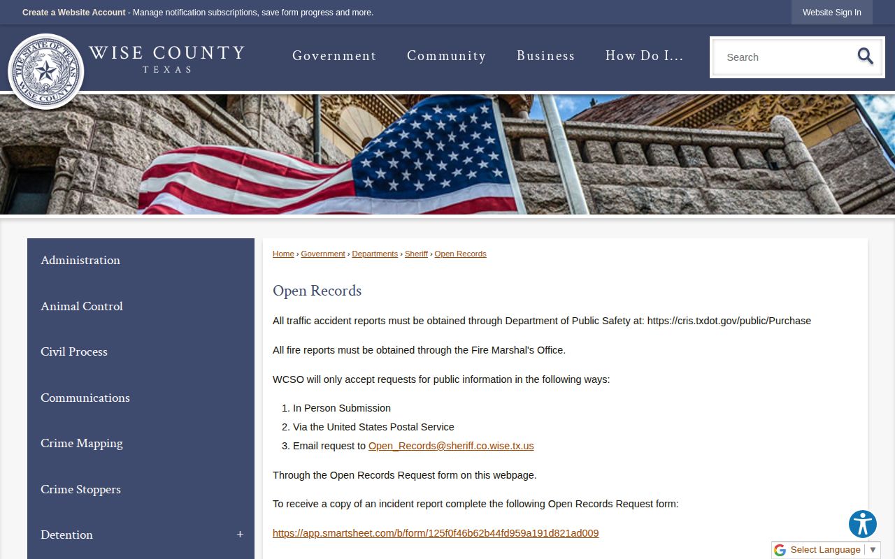 Wise County released inmate open records request page